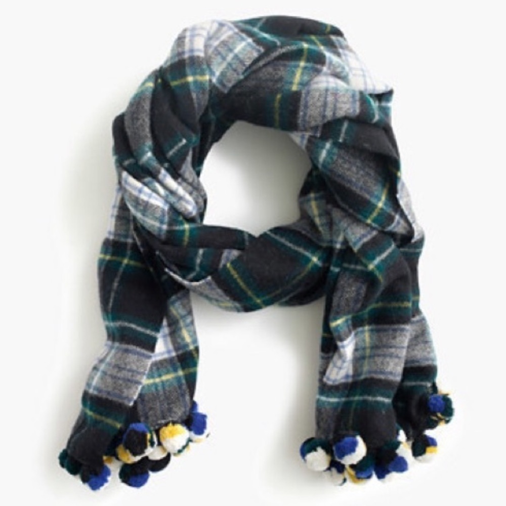J. Crew Plaid Pom Pom Scarf - Navy Green White